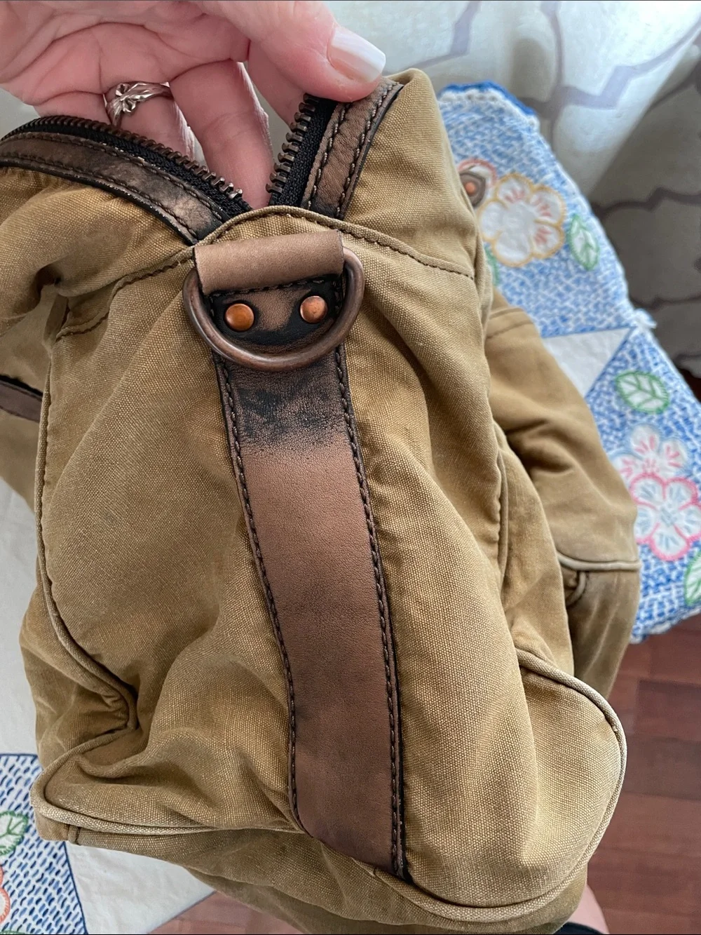 Black Rivet Vintage Inspired Brown Canvas Duffel with Brown Leather Trim